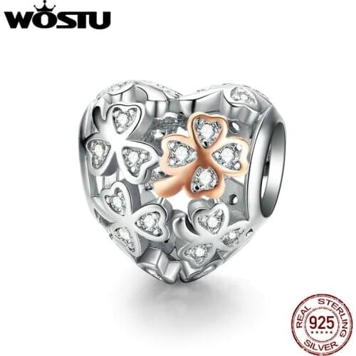 WOSTU Real 925 Sterling Silver Clover & Heart Charm Fit Original Bracelet Neclace Lucky Beads Jewelry Gift CQC1248