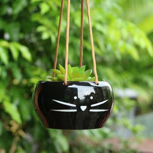 Black and White Cat Hanging Flower Pots Ceramic Pot Succulent Planter Home Decoration