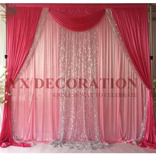 Pink And Fuchsia Ice Silk Backdrop Curtain With Silver Sequin Drape Swag Valance Stage Background Photo Booth Decoration