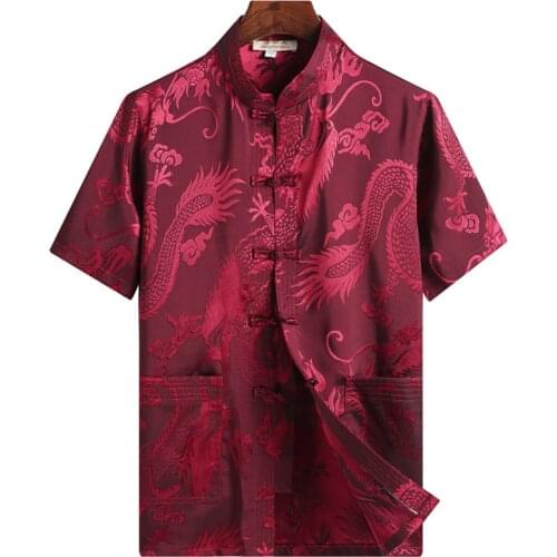 Dragon Print Shirt Mens Chinese Style Casual Shirts Men Kung Fu Uniform T-Shirt Mandarin Collar Short Sleeve Tang Suit Camisas