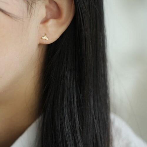 9K solid gold Fish tail crystal stud earring Mini dainty women minimal simple style gift bridesmaid