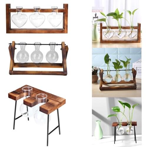 Glass and Wood Vase Planter Terrarium Table Desktop Hydroponics Plant Bonsai Flower Pot Hanging Pots with Wooden Tray Home Decor