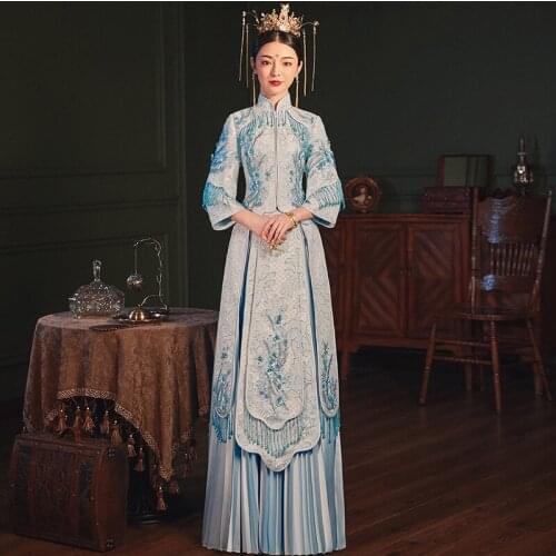 Blue Oriental Style Wedding Dress Embroidery Tassel Banquet Costume Classic Cheongsam China Qipao костюм для восточных