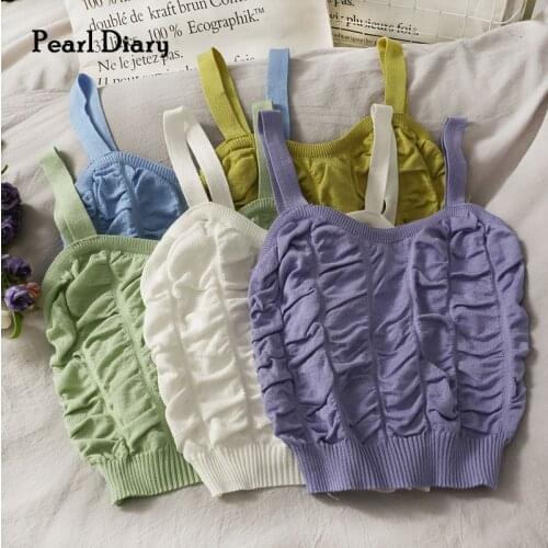 Pearl Diary Women Knitted Strappy Taffeta Tops Summer Shirred Bodice Stretch Sleeveless Cute Solid Cami Tops Slim Fit Chic Top