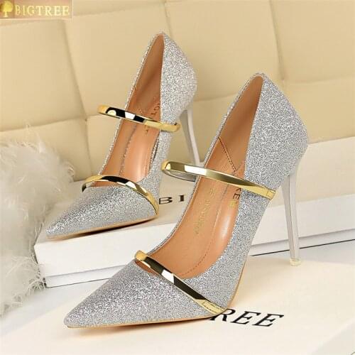 Women Shoes Pointed Toe Pumps Pointed Sequin cloth 10.5CM thin High Heels Boat Wedding Dress Office Shoes