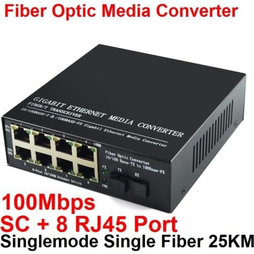 10/100M Fiber Optic Media Converter Singlemode Single Fiber with SC and 8 RJ45 Port up to 25km