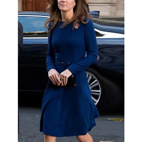 Kate Middleton High Quality Spring Autumn New WomenS Fashion Party Workplace Casual Vintage Elegant Chic Gentlewoman Blue Dress