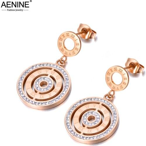AENINE Vintage 316L Stainless Steel Roman Numerals Earrings Bohemia Rhinestone Stud Earrings Jewelry For Women Серьги AE20047
