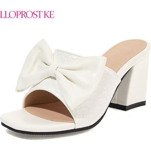 Lloprost ke 2021 Summer New Open Toe Chunky High Heels Office Lady Slippers Classic Women Slides Bowtie Mules Big Size 32-48
