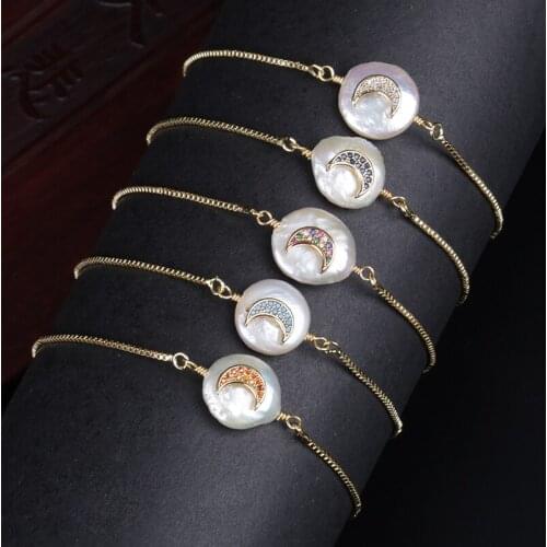 Multi color cz pave crescent moon new moon charm natural freshwater pearl bead link bracelet for women wedding brithday gift