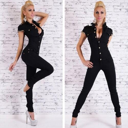 Ladies Denim Long Jumpsuit Sexy Deep V Neck Jean Jumpsuits Buttons Chain Black Overalls For Ladies Rompers