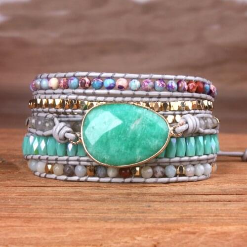 Women Leather Bracelet Unique Mixed Natural Stones Crystal Amazonite Charm 5 Strands Wrap Bracelets Handmade Boho Bracelet Gift