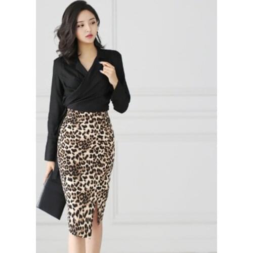 2018 Autumn OL Office Ladies 2 Pieces Set Long Sleeve Shirt Top and Leopard Print Sheath Wrap skirt Elegant Women Two Piece Set