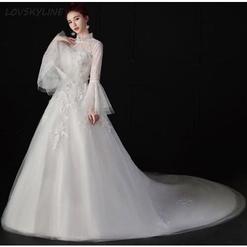 NEW Dubai Flowers Ball Gown Wedding Dresses High Neck Train Long Sleeve Muslim Lace Appliques Wedding Gowns Bridal Dress