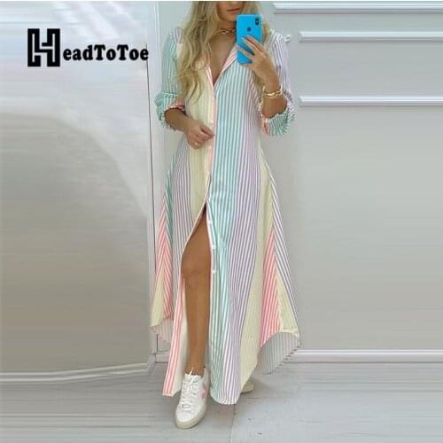Colorful Stripe Print Button Front High Slit Long Shirt Dress Women