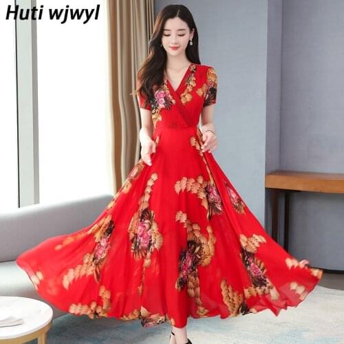 2021 Floral Chiffon Casual Beach Midi Dresses Summer Vintage Plus Size Boho Sundress Elegant Women Bodycon Party Maxi Vestidos