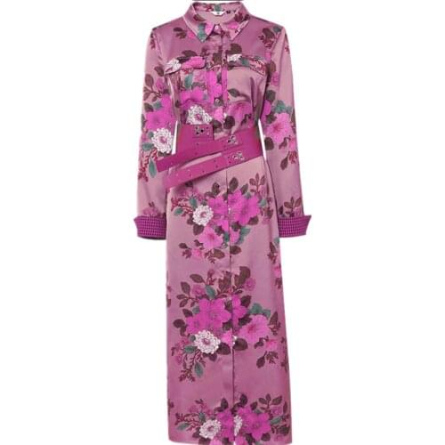 2021 Spring autumn fashion purple printed dress women lapel long sleeve slim shirt dress plus size 2XL