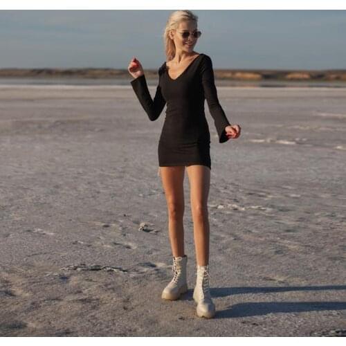 Women Casual Flare Sleeve Mini Dress Long Sleeve Sexy V-neck Solid Sheath Party Prom Dress Bodycon 2021 Summer New Fashion Dress