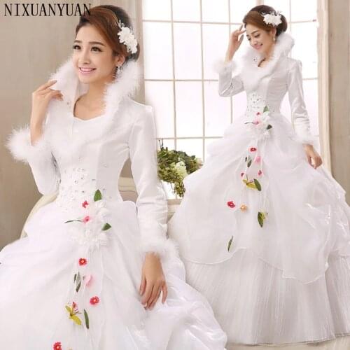 White Organza Long Sleeves Cheap Wedding Dresses 2021 Winter Warm Wedding Gowns Muslim Bridal Dress robe de soiree trouwjurk