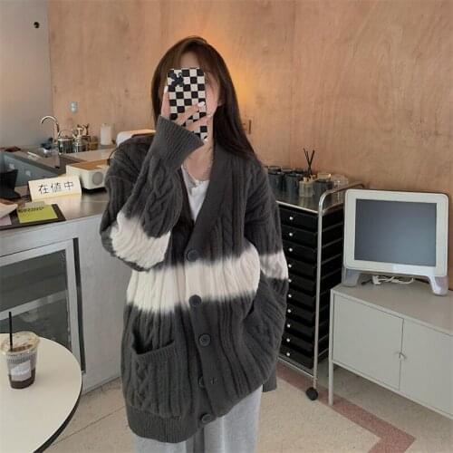 Winter Women Cardigan Sweater 2021 New Korean Casual Versatile Loose Tie-Dye Twist Knit Sweater Stitching Double-Breasted Jacket