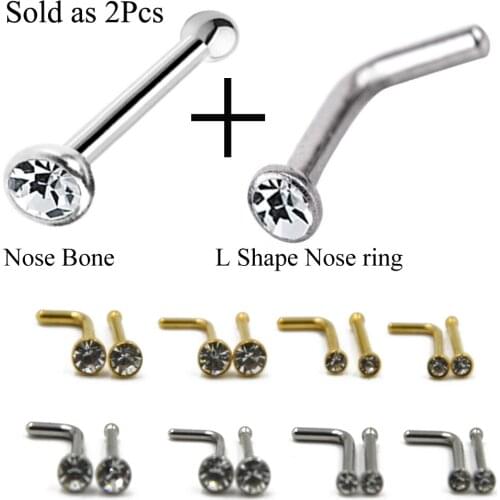 2pc Surgical Steel Mixed Straight and L Shape Nose Screw Rings Nose Bone Stud Retainer Holder Piercing Body Jewelry 20g, 18g