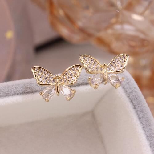 2021 New Arrival Unique Sweet Butterfly Stud Earrings For Women 14K Gold Plated Jewelry Zircon Earrings
