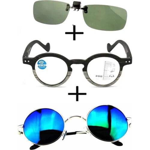 3Pcs!! Wood Progressive Multifocal Far and Near Reading Glasses Men Women + Alloy Polarized Sunglasses Outdoor + Sunglasses Clip