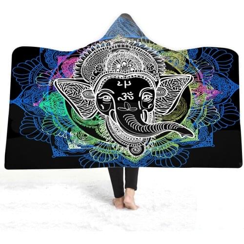 Free shipping Christmas Gift BOHO Ethnic Mandala Elephant Ganesha Hooded Blanket Adults Kids Warm Fleece Travel Sofa Throw