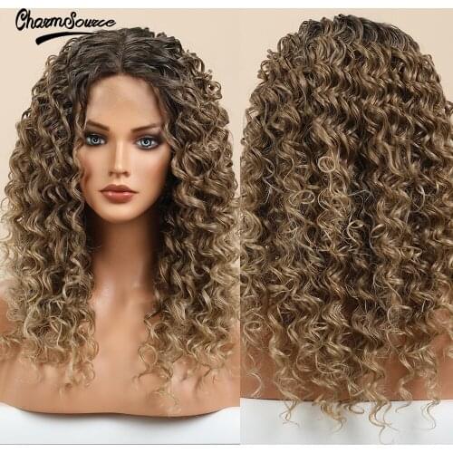 CharmSource Long Brown Deep Wave Wigs Front Lace Wig for Black Women Natural Daily Party Use High Density Synthetic Hair