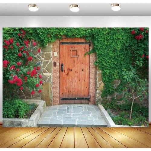 Garden Yard Wood Door Photography Backgrounds Newborn Baby Shower Portrait Green Plants Wall Art Photo Backdrops