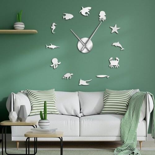 DIY Giant Wall Clock Undersea Kid Room Nursery Wall Decor Aquatic Animals Wall Art Mirror StickersSea Life Frameless Wall Watch