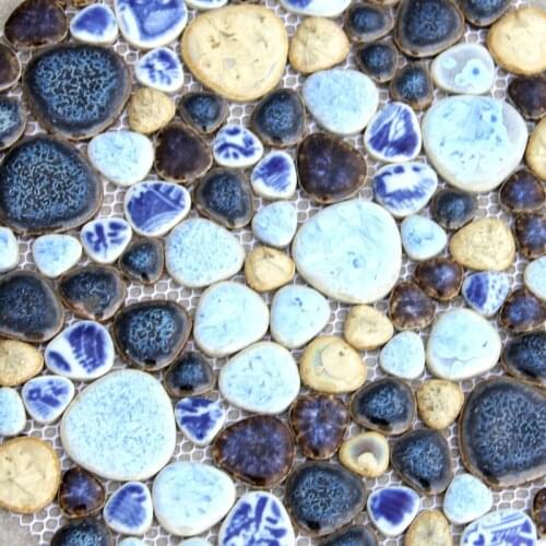 Ceramic blue and white porcelain cobble mosaic HMCM1040 for mesh backing bathroom wall floor kitchen backsplash