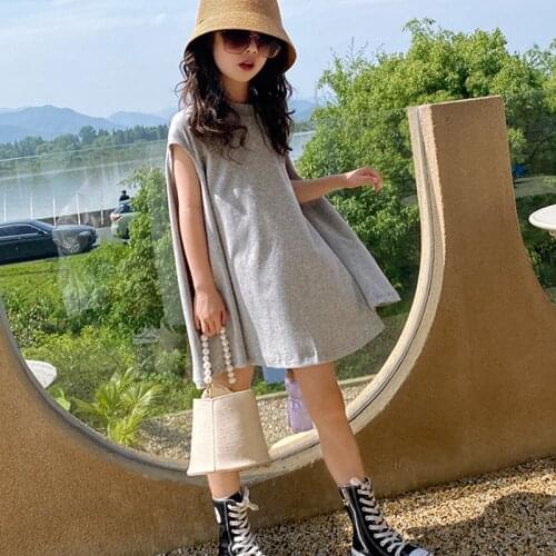 Summer Girls Dress European American Style Cloak Simple Loose Irregular Solid Color Long T-Shirt Dresss Kids ChildrenS Clothing