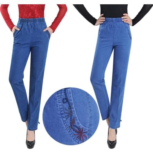 Summer Style thin material womens casual jeans high waist straight pants elastic female ankle length trousers