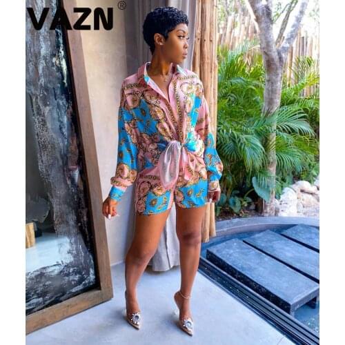 VAZN Summer fashion 2020 sexy lady colors print 2-piece short set full sleeve singer breasted T shirt skinny shorts set chic set