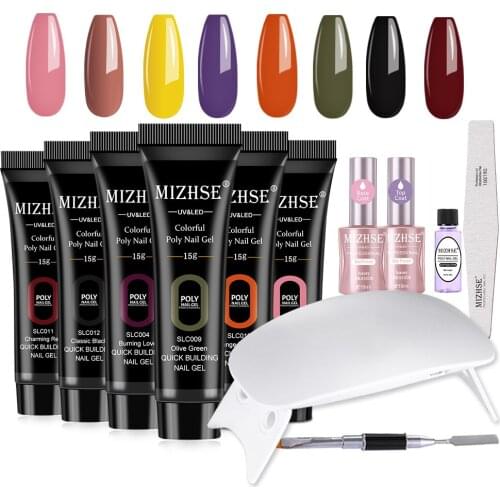 MIZHSE 6 Colors Poly Nail Gel Kits Extension Gel Polish With 6W UV Lamp And Top Base Coat Long-lasting Soak Off Nail Art Design