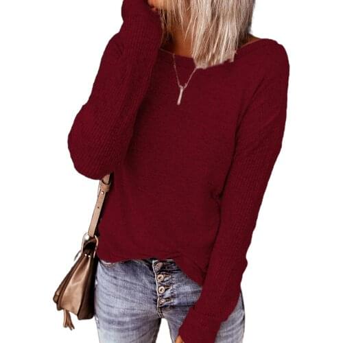 Fashion Women T-shirt Solid Color Long Sleeve Backless Back Knot Knitwear Pullover Ladies T Shirt Woman Clothing 2XL