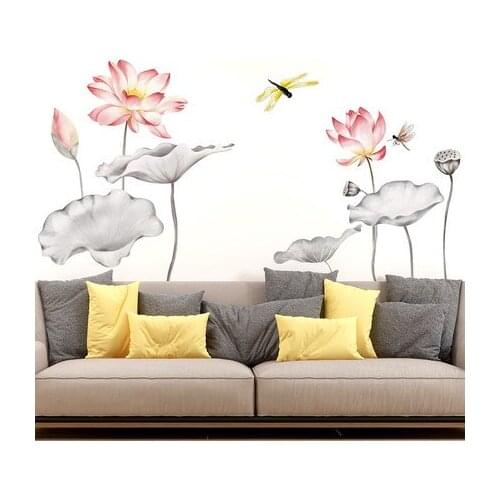 Lotus Dragonfly Wall Stickers 3D Wallpaper Chinese Style Self-adhesive Living Room Sofa Background Wall Decor Bedroom Postes