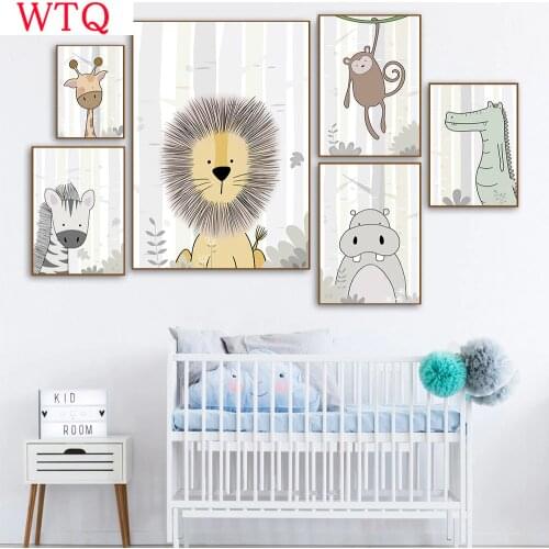 Woodland Poster Zebra Giraffe Lion Canvas Print Baby Animal Nursery Wall Art Painting Nordic Wall Pictures Kids Room Decoration