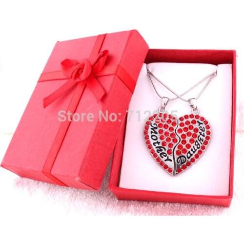 New Arrival Gift box packaging red Rhinestone Mother and daughter heart pendant best friend family mothers day chain necklace