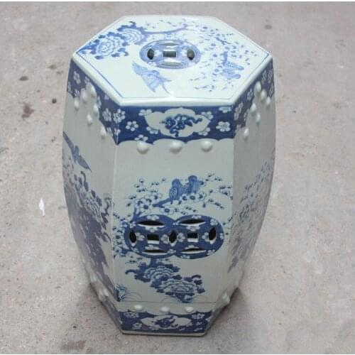 New Chinese jingdezhen Porcelain ceramic drum stool prismatic type blue and white bird flower
