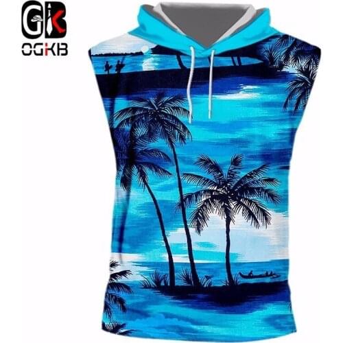 OGKB Sleeveless Hoodie Homme Fashion O Neck Fruit 3D Cap Vest Printed Coconut Tree Funny Large Size Homme Undershirt Thin Hoody