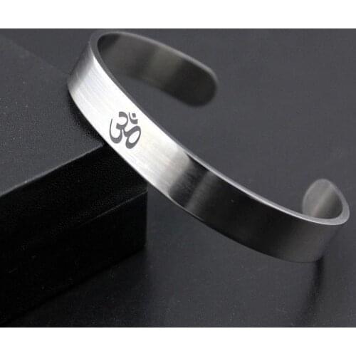 Stainless Steel OM Open Bangle for Men Women Silver color Hindu Buddhist Open Cuff Bracelet Punk Jewelry