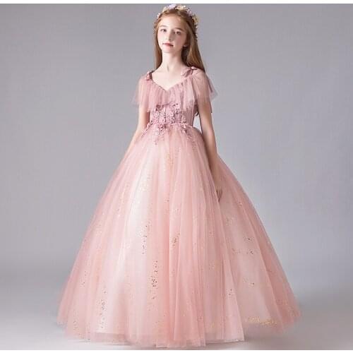 Flower Girl Dresses Princess Spaghetti Straps Appliques Sequined Pearls Embroidery Tulle Ball Gown V-Neck Kids Party Skirt H125