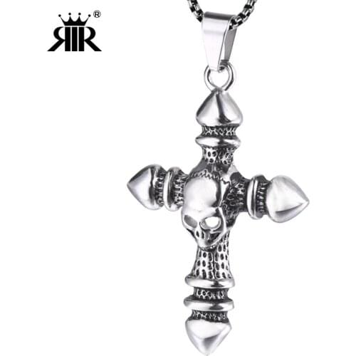 RIR New Fashion Stainless Steel Gold 3D Gothic funk style Skull Head Jesus Cross Pendant Hip Hop Jewelry For Men gift LP2017