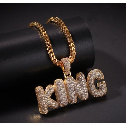 Full AAA CZ Cubic Zirconia Paved Bling Iced Out King Bubble Letter Pendants Necklace for Men Hip Hop Rapper Jewelry Gold Color