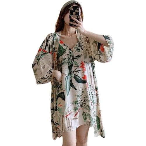 Light Green Cotton 2PCS Robe Sets Loose Women Kimono Bathrobe V-Neck Nightgown Summer Print Sleep Suit M-XXL Lingerie Home Wear