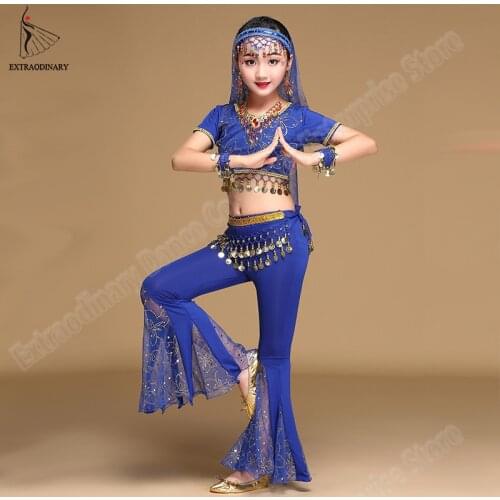 Girls Bollywood Dance Costumes Bellydance Indian Set Sari Chiffon Outfit Halloween Performance Top Belt Pants Veil Headpiece