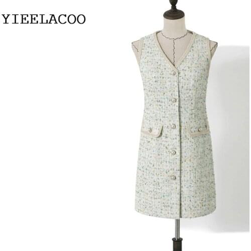 Tweed Dress Elegant 2020 Spring/Summer New Style V-neck Tweed Vest Dress- Style Street Office Ladies Slim One-Piece Dress