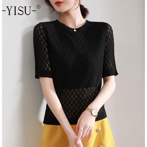 YISU Summer Loose Women Sweater O-Neck Stripe All-match Hollow out tops Female Casual Jumper Knitted pullover Thin section